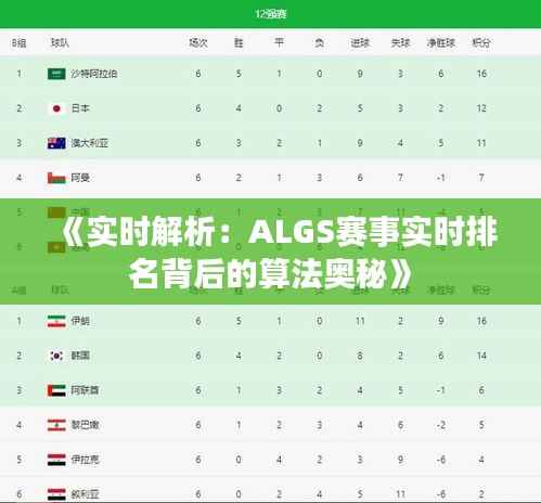《实时解析：ALGS赛事实时排名背后的算法奥秘》