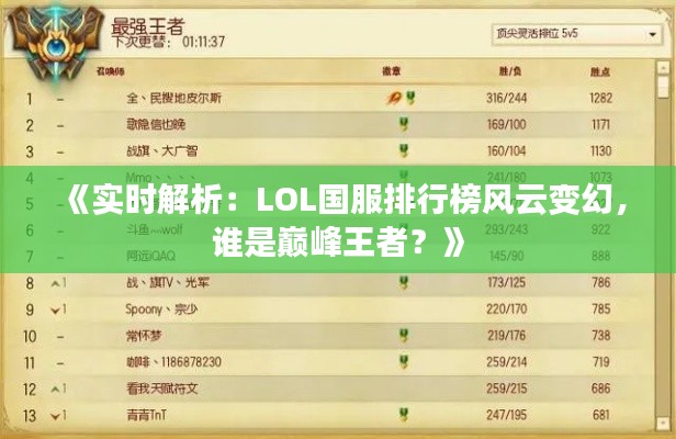 《实时解析:LOL国服排行榜风云变幻,谁是巅峰王者?》