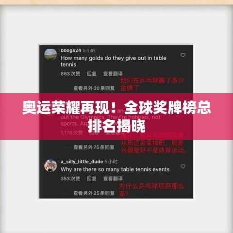 奥运荣耀再现！全球奖牌榜总排名揭晓